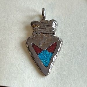 Silver Navajo Arrowhead Turquoise & Coral Pendant